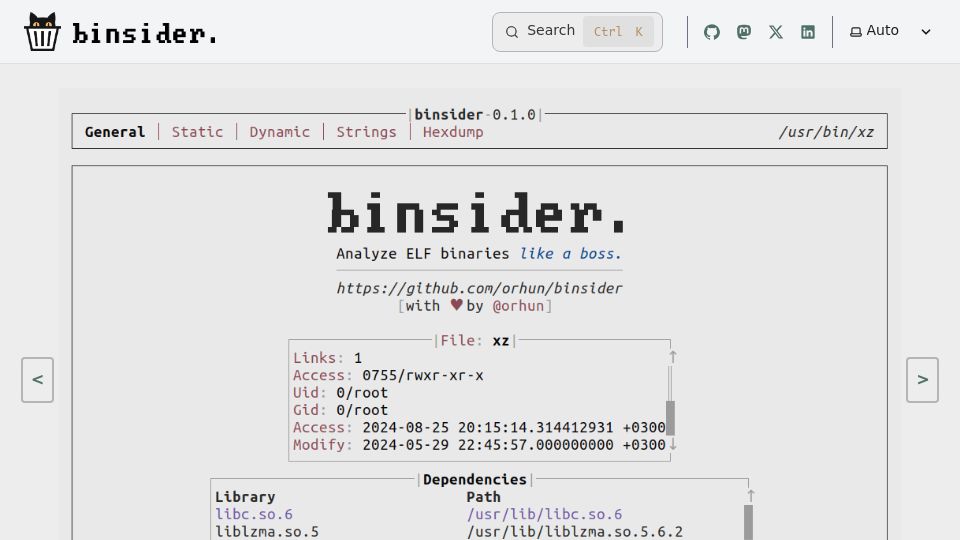 Screenshot of binsider.dev: Binsider – A TUI for analyzing Linux binaries