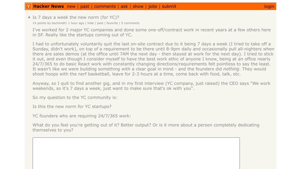 Screenshot of Hacker News post: Is 7 days a week the new norm (for YC)?