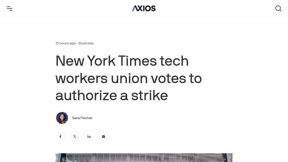 Screenshot of axios.com: New York Times tech workers union votes to authorize a strike