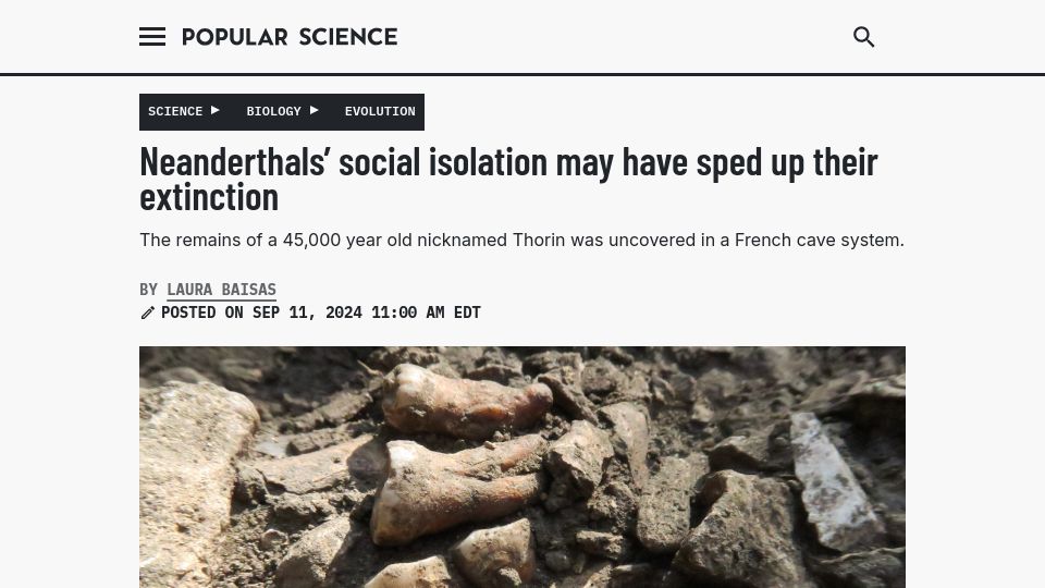 Screenshot of popsci.com: Neanderthals' social isolation may have sped up their extinction