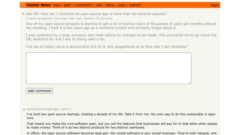 Screenshot of Hacker News post: Ask HN: How can I monetise an open source app of mine that has become popular?