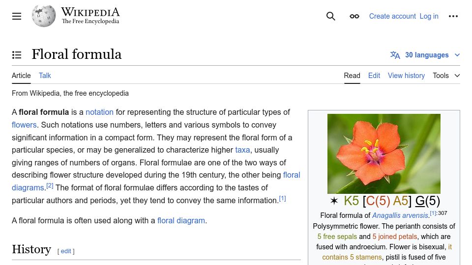 Screenshot of en.wikipedia.org: Floral formula