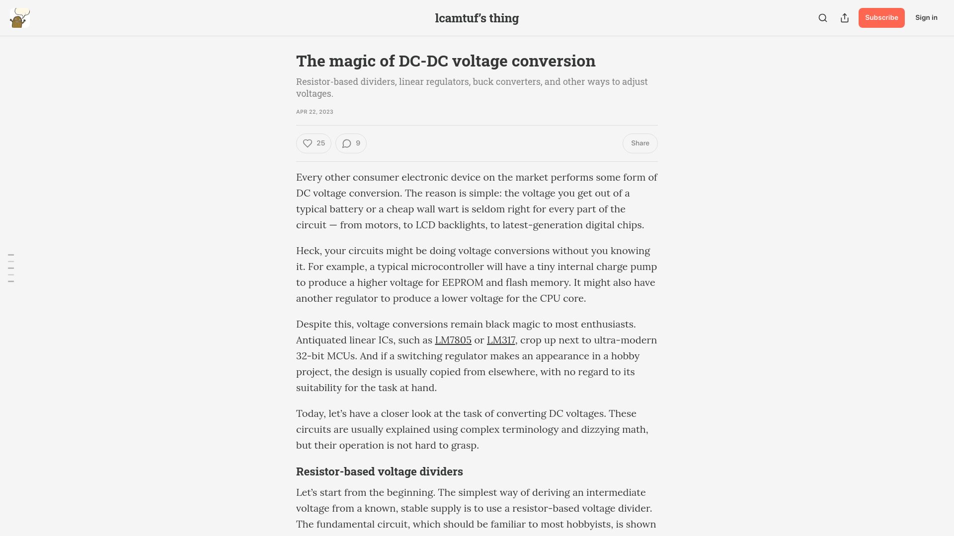 Screenshot of lcamtuf.substack.com: The magic of DC-DC voltage conversion (2023)