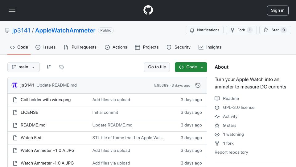 Screenshot of github.com: AppleWatchAmmeter