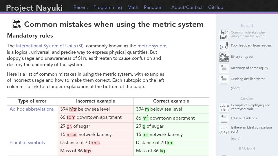 Screenshot of nayuki.io: Common mistakes when using the metric system