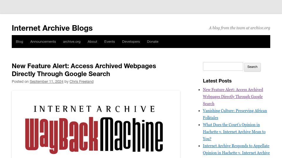 Screenshot of blog.archive.org: New Feature Alert: Access Archived Webpages Directly Through Google Search