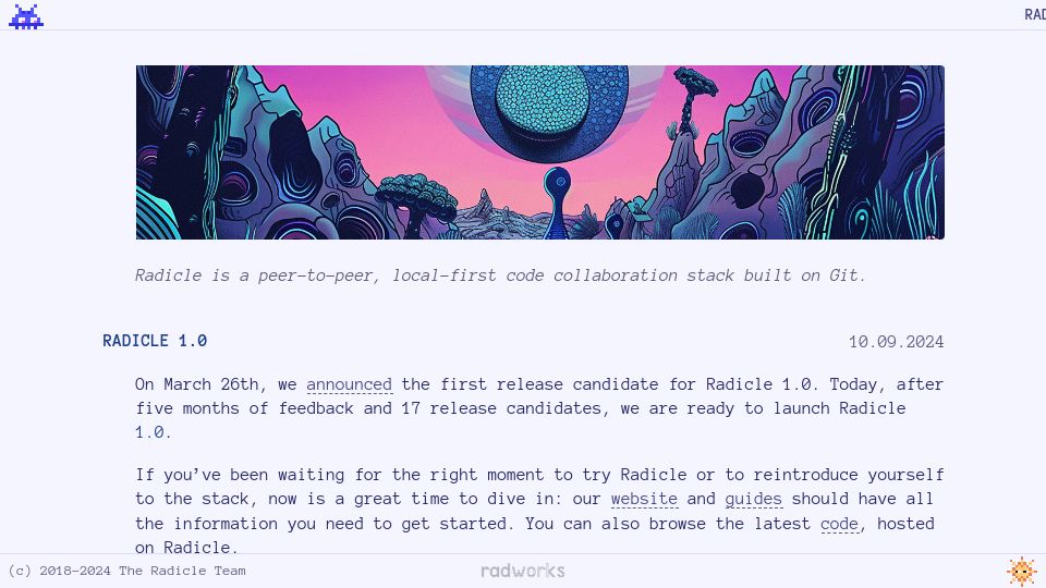 Screenshot of radicle.xyz: Radicle 1.0 – A local-first, P2P alternative to GitHub