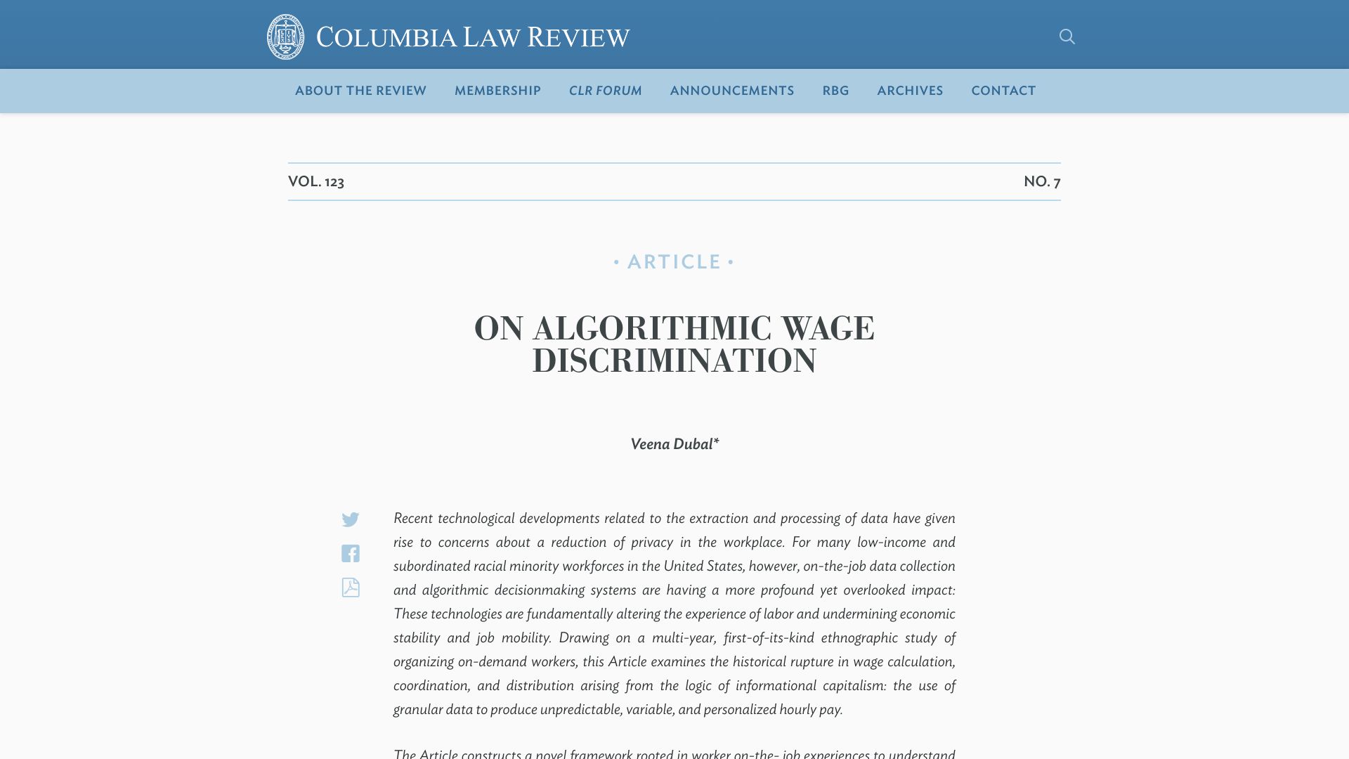 Screenshot of columbialawreview.org: Algorithmic Wage Discrimination (2023)