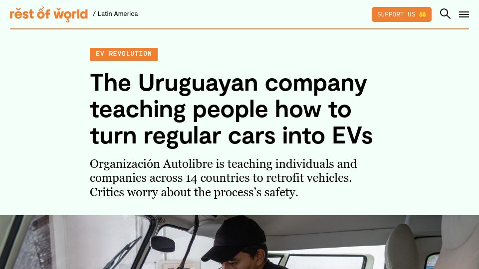 Screenshot of restofworld.org: A Uruguayan company teaches people how to turn regular cars into EVs