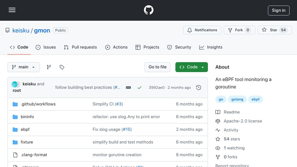 Screenshot of github.com: Show HN: Goroutine Monitor Powered by eBPF