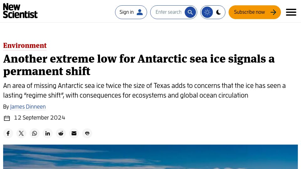 Screenshot of newscientist.com: Another Extreme Low for Antarctic Sea Ice Signals a Permanent Shift