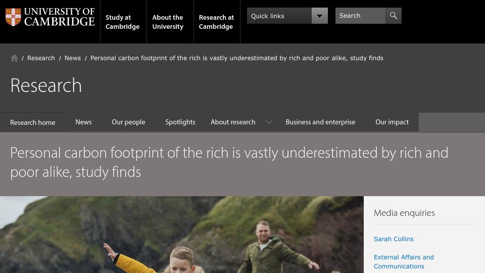Screenshot of cam.ac.uk: Personal carbon footprint of the rich is vastly underestimated