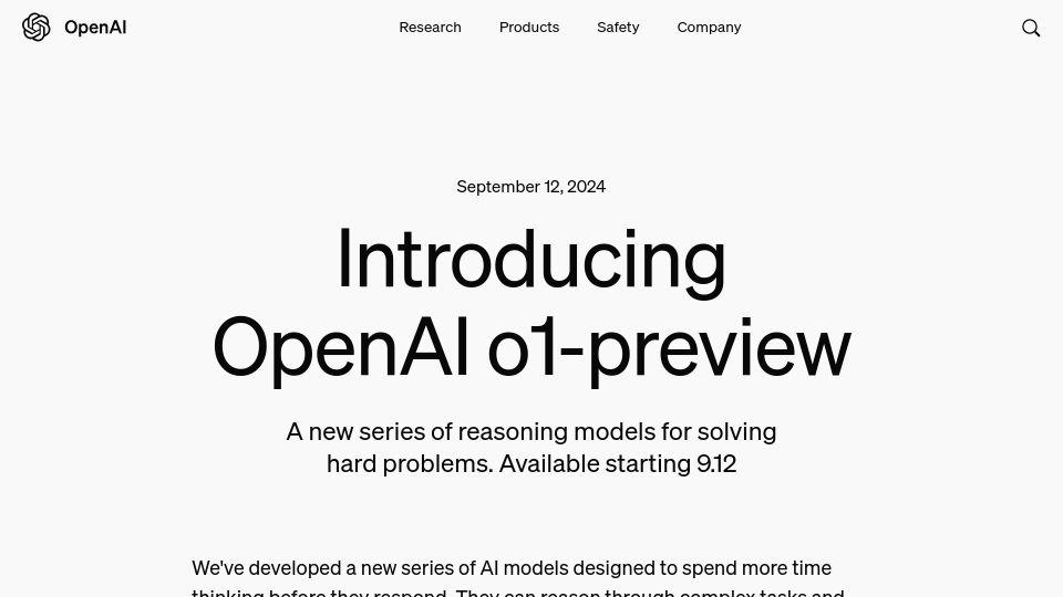 Screenshot of openai.com: OpenAI o1-preview
