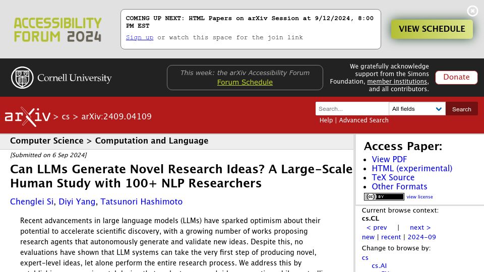 Screenshot of arxiv.org: Can LLMs Generate Novel Research Ideas?