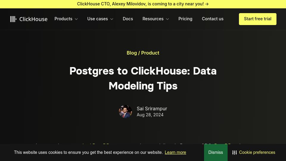Screenshot of clickhouse.com: ClickHouse Data Modeling for Postgres Users