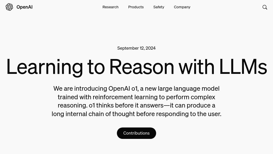 Screenshot of openai.com: Learning to Reason with LLMs