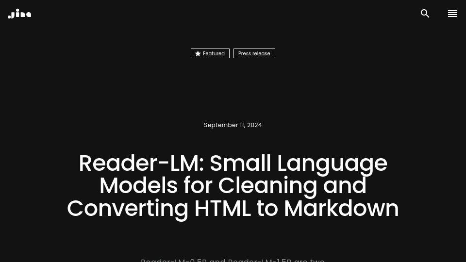 Screenshot of jina.ai: Reader-LM: Small Language Models for Cleaning and Converting HTML to Markdown