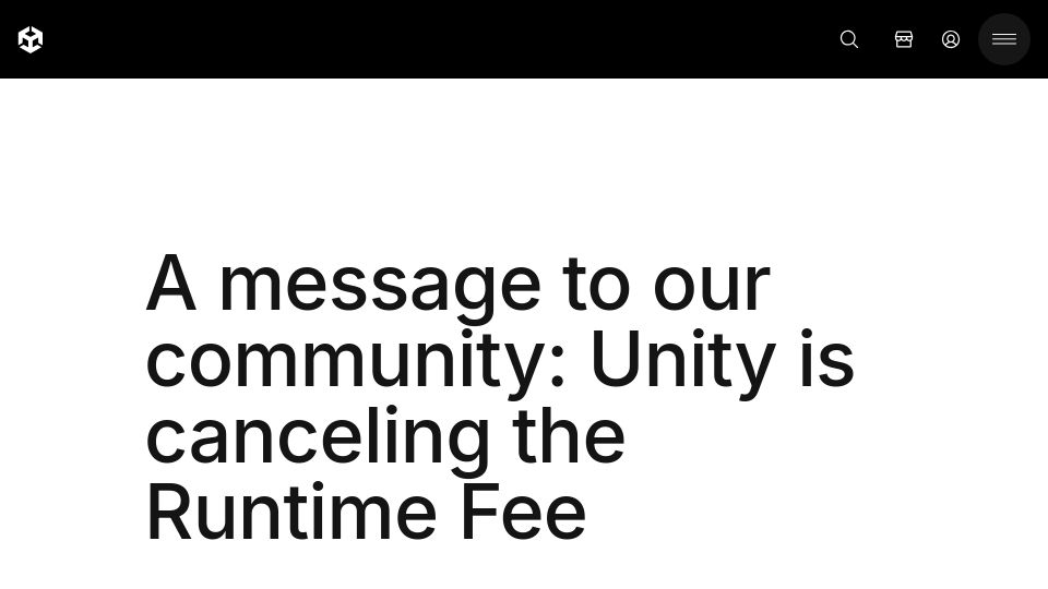 Screenshot of unity.com: Unity is cancelling the runtime fee