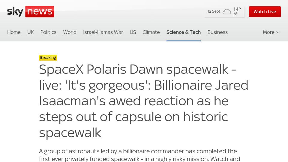 Screenshot of news.sky.com: Watch live as SpaceX crew carry out first-ever commercial spacewalk