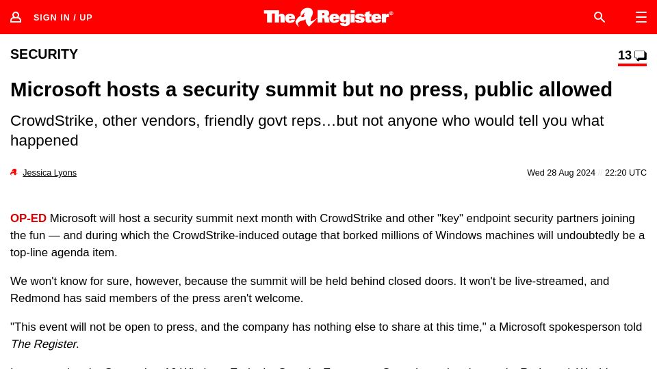 Screenshot of theregister.com: Microsoft hosts a security summit but no press, public allowed