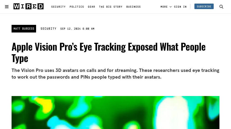 Screenshot of wired.com: GAZEploit: Remote keystroke inference attack by gaze estimation in VR/MR devices