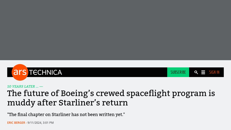 Screenshot of arstechnica.com: The future of Boeing's crewed spaceflight program muddy after Starliner's return