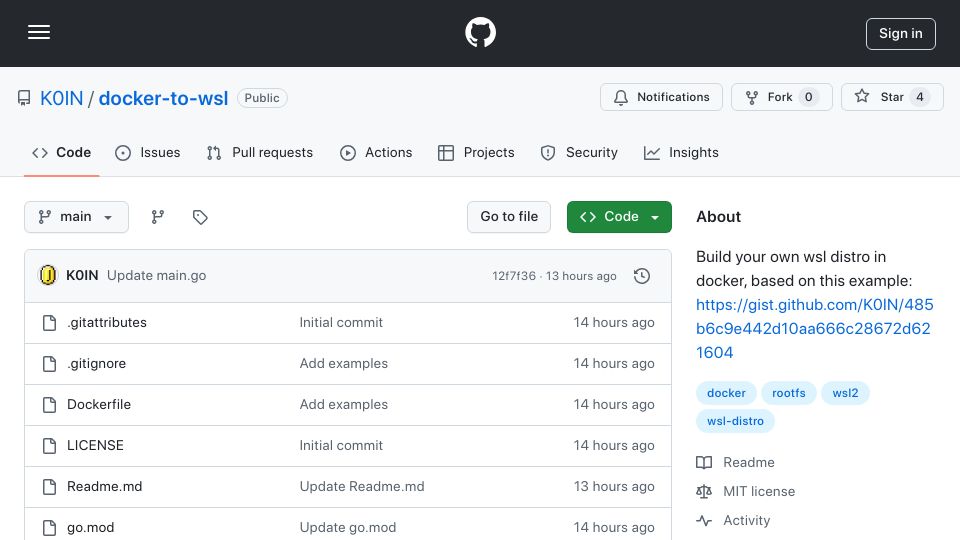 Screenshot of github.com: Show HN: Build Your WSL Distro in Docker