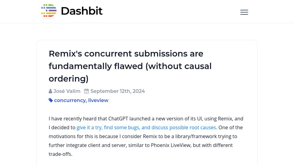 Screenshot of dashbit.co: Remix's concurrent submissions are fundamentally flawed