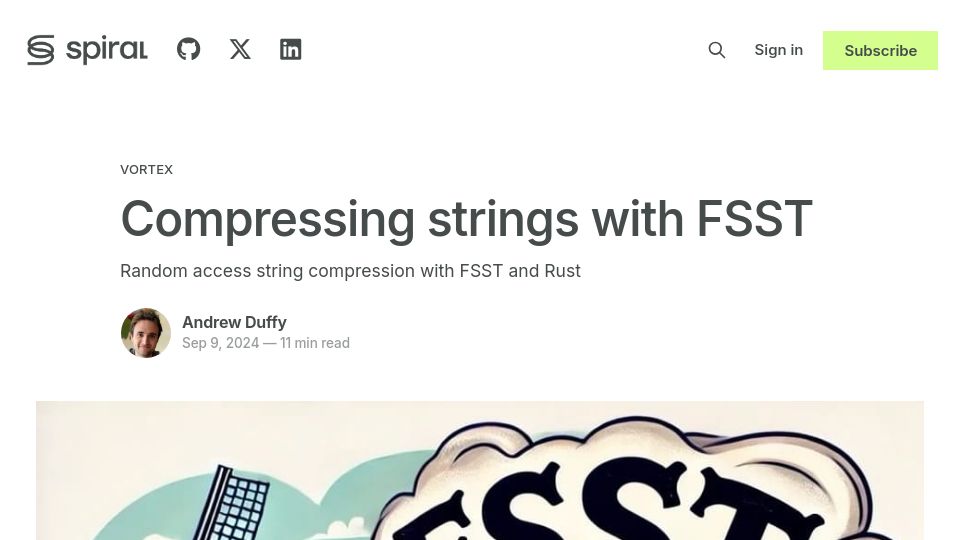 Screenshot of blog.spiraldb.com: Random access string compression with FSST and Rust