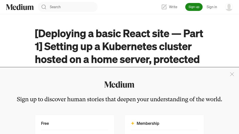 Screenshot of jpegsfiles.medium.com: [Deploying a basic React site pt 1] Setting up a self-hosted Kubernetes cluster
