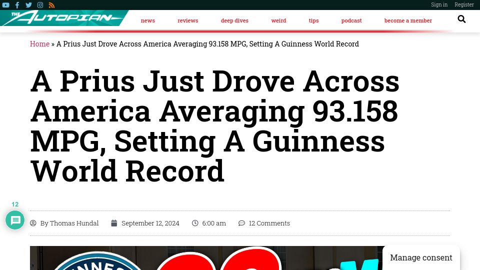 Screenshot of theautopian.com: A Stock Prius just drove across America averaging 93.158 MPG