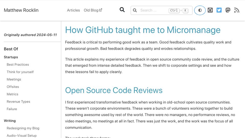 Screenshot of matthewrocklin.com: GitHub taught me to micromanage