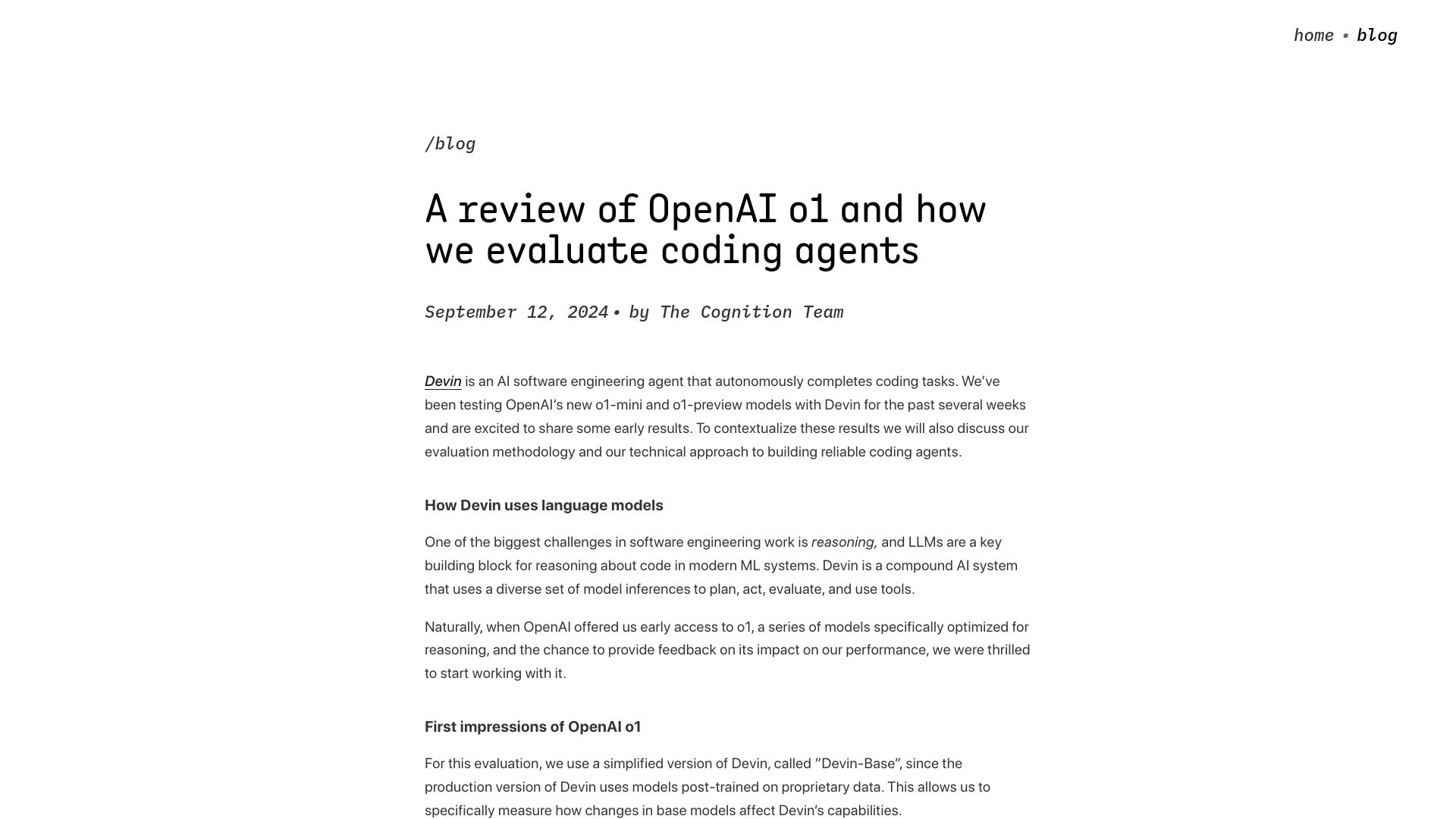 Screenshot of cognition.ai: A review of OpenAI o1 and how we evaluate coding agents