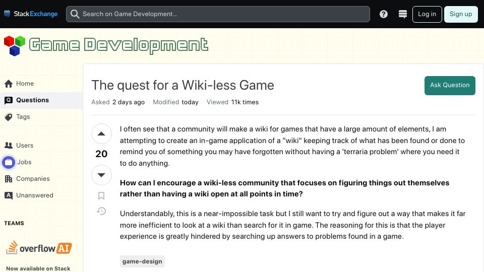 Screenshot of gamedev.stackexchange.com: The quest for a Wiki-less game