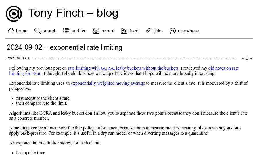 Screenshot of dotat.at: Exponential Rate Limiting