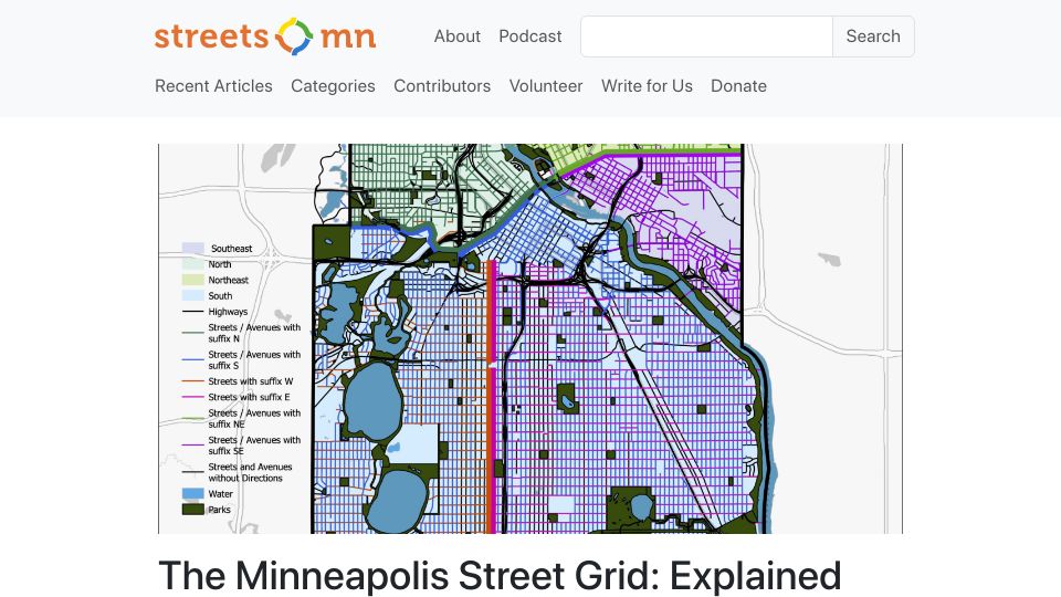 Screenshot of streets.mn: The Minneapolis Street Grid: Explained