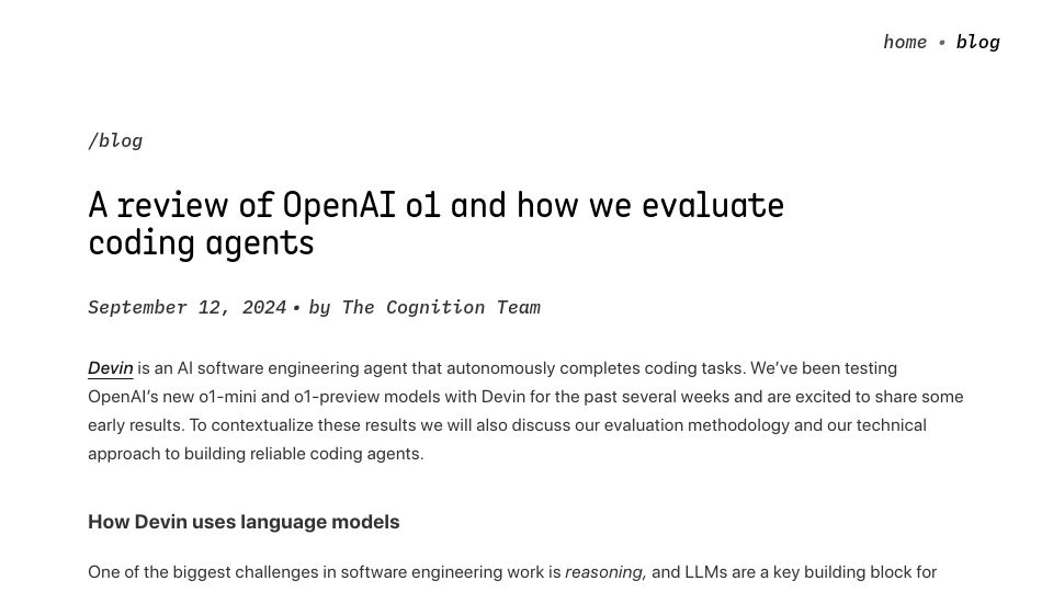 Screenshot of cognition.ai: A review of OpenAI o1 and how we evaluate coding agents