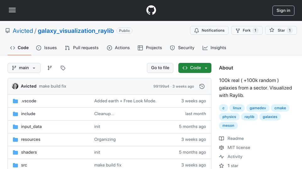 Screenshot of github.com: Show HN: Galaxy Visualization