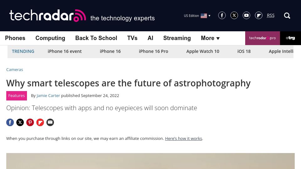 Screenshot of techradar.com: Why smart telescopes are the future of astrophotography (2022)
