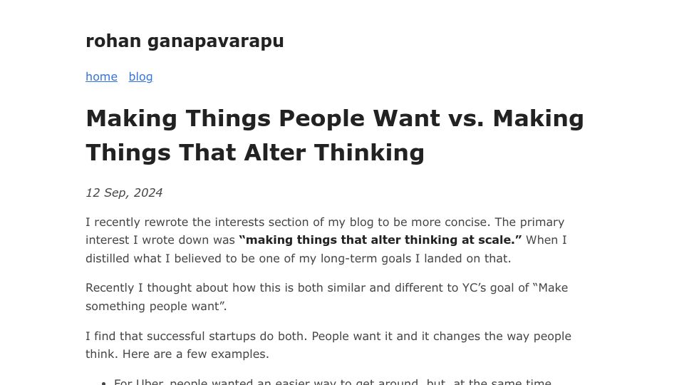 Screenshot of rohan.ga: Making things people want vs. making things that alter thinking
