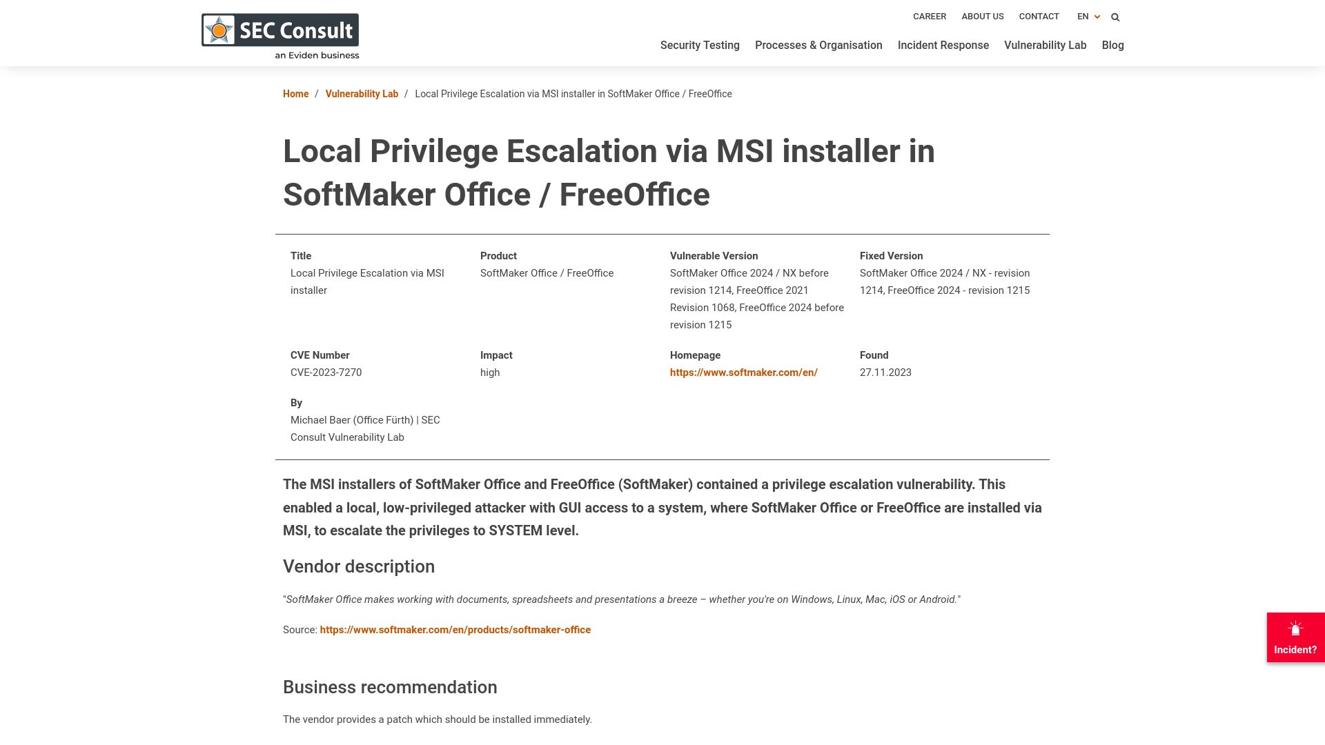Screenshot of sec-consult.com: Local Privilege Escalation via MSI Installer