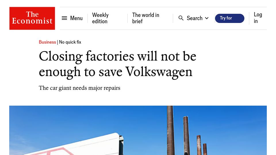 Screenshot of economist.com: Closing factories will not be enough to save Volkswagen