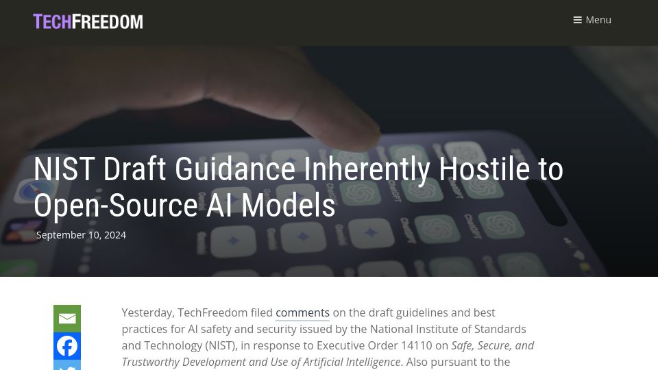 Screenshot of techfreedom.org: NIST Draft Guidance Inherently Hostile to Open-Source AI Models
