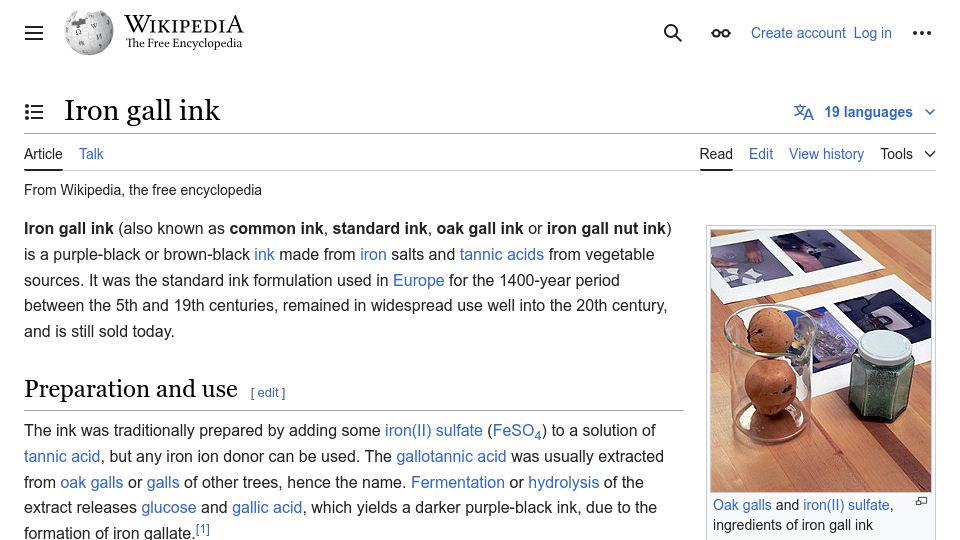 Screenshot of en.wikipedia.org: Iron Gall Ink