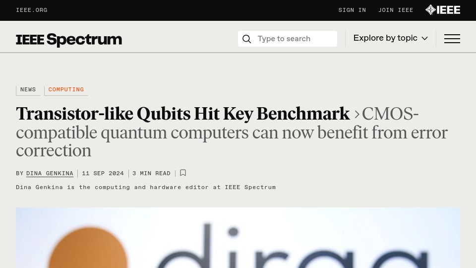 Screenshot of spectrum.ieee.org: Qubit Transistors Reach Error Correction Benchmark