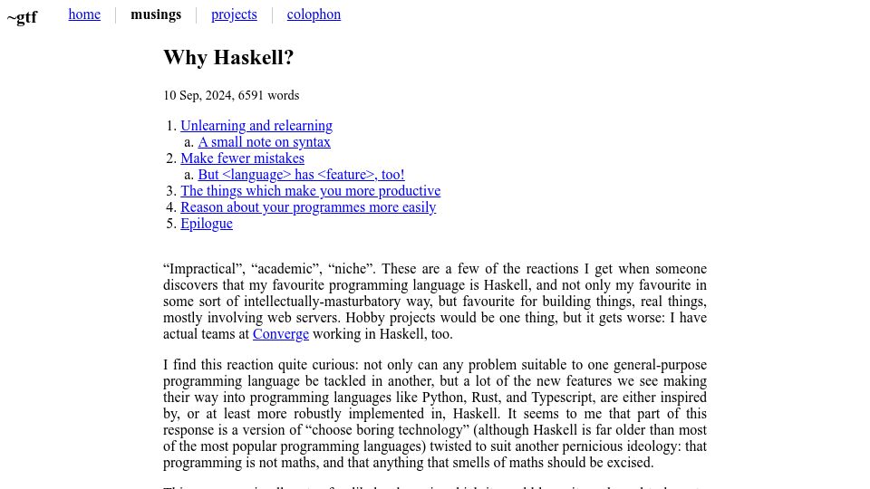 Screenshot of gtf.io: Why Haskell?