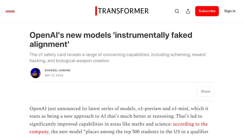 Screenshot of transformernews.ai: OpenAI's new models 'instrumentally faked alignment'