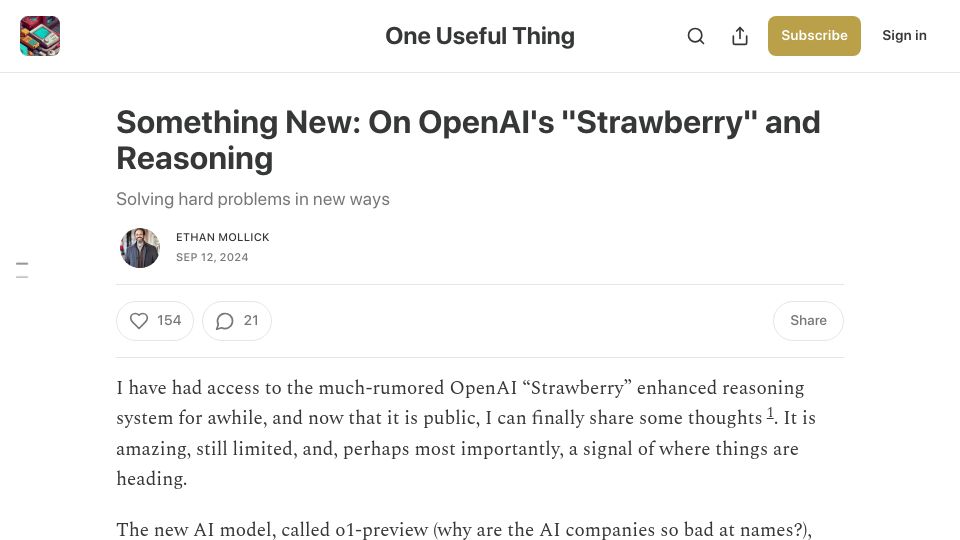 Screenshot of oneusefulthing.org: Reflections on using OpenAI o1 / Strawberry for 1 month