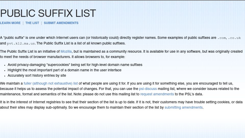 Screenshot of publicsuffix.org: Public Suffix List