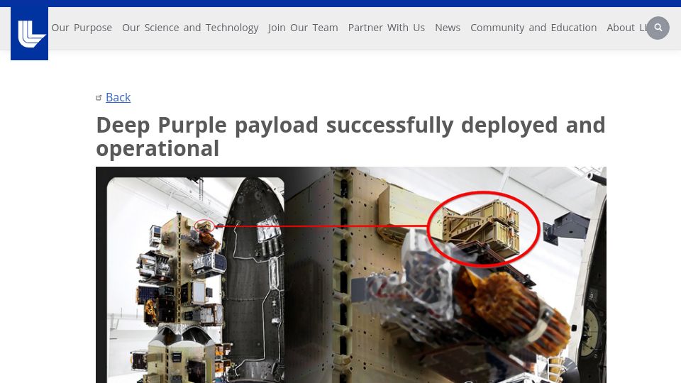Screenshot of llnl.gov: Deep Purple payload successfully deployed and operational